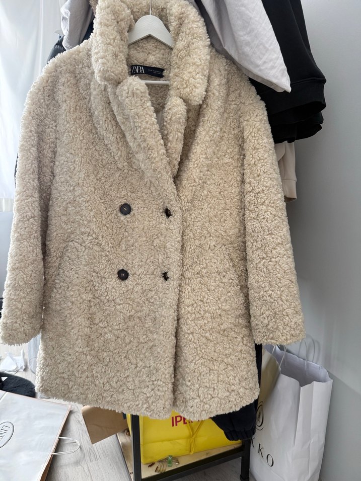 Krem Peluş Zara Midi Kaban - Görsel 2