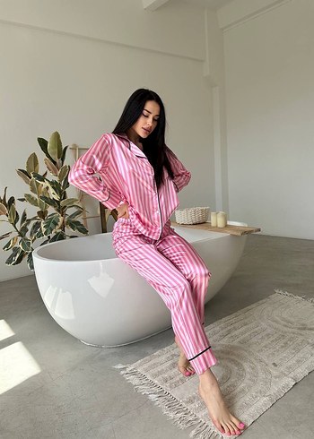 s Beden pembe Renk Pembe Çizgili Kadın Pijama Takımı