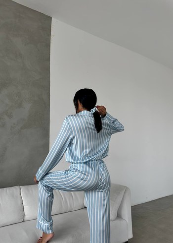 Victoria s Secret Mavi Çizgili Uzun Kollu Kadın Pijama Takımı