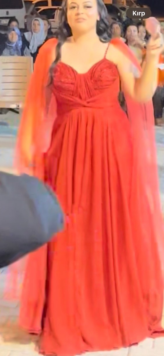 Pullu Nakışlı Kırmızı Uzun Abiye Elbise - Görsel 3