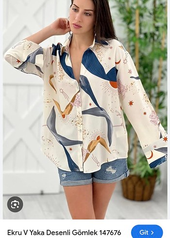 Ekru V Yaka Desenli oversize gömlek