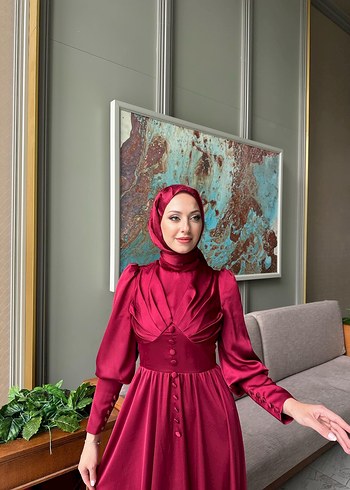 Bordo Uzun Kol Drapeli Bohem Tesettür Elbise
