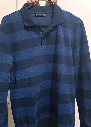 Erkek Gri-Mavi Çizgili Polo Yaka Pamuklu Kazak - Görsel 2