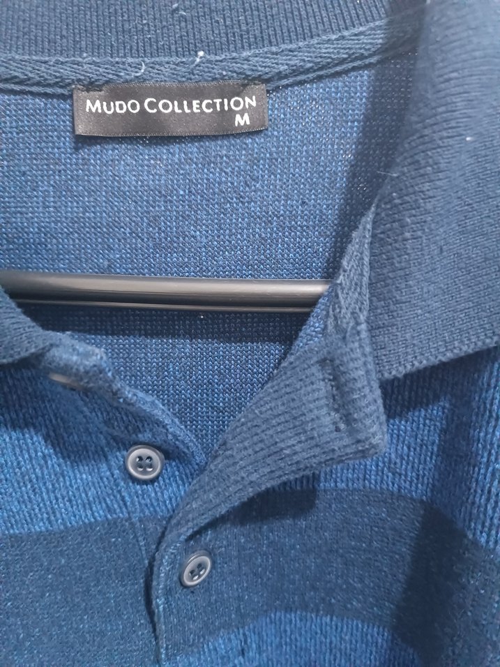 Erkek Gri-Mavi Çizgili Polo Yaka Pamuklu Kazak - Görsel 3