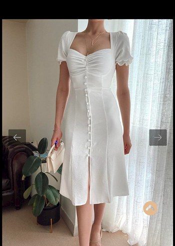 Düğmeli Beyaz Uzun Keten Elbise - Görsel 5