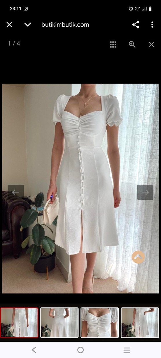 Düğmeli Beyaz Uzun Keten Elbise - Görsel 5