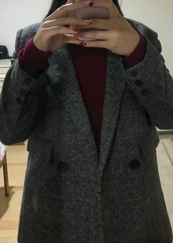 Gri Düğmeli Midi Kadın Kaşe Kaban Ceket - Görsel 2