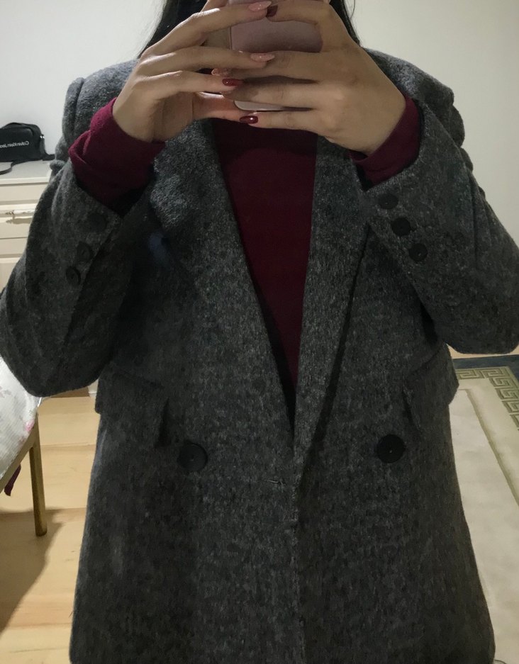 Gri Düğmeli Midi Kadın Kaşe Kaban Ceket - Görsel 2