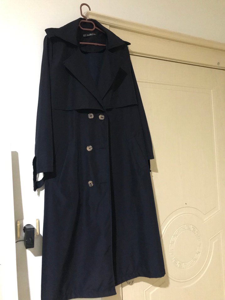 Lacivert Kadın Uzun Trençkot Kemerli - Görsel 2