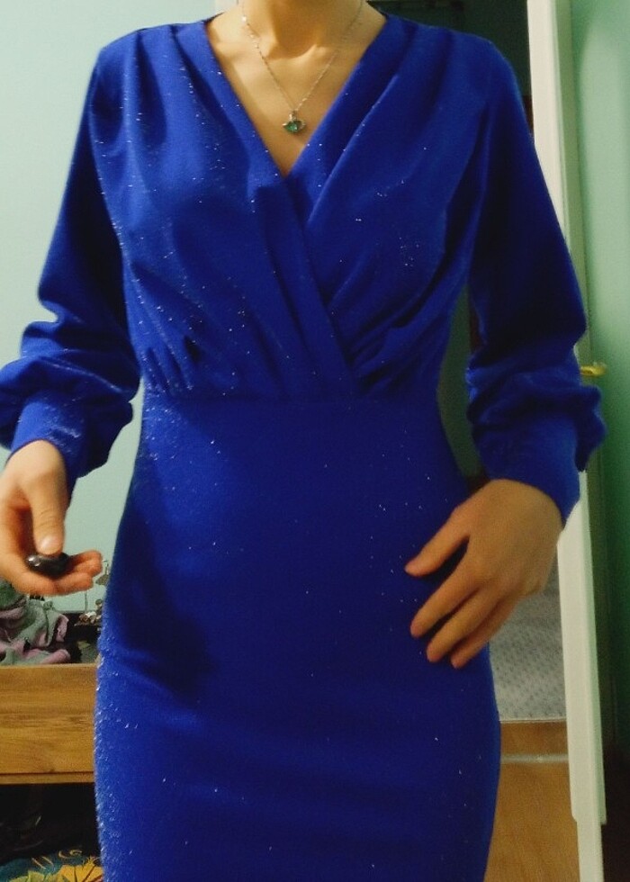 Mavi sukuba kumaş midi elbise  - Görsel 2