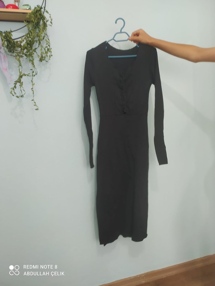 Siyah V Yaka Uzun Kollu Uzun Elbise - Görsel 2