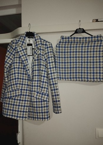 Düğmeli Ekose Mini Ceket ve Etek Takımı