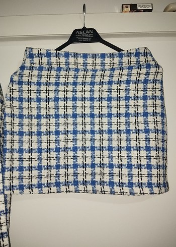 36 Beden mavi Renk Düğmeli Ekose Mini Ceket ve Etek Takımı