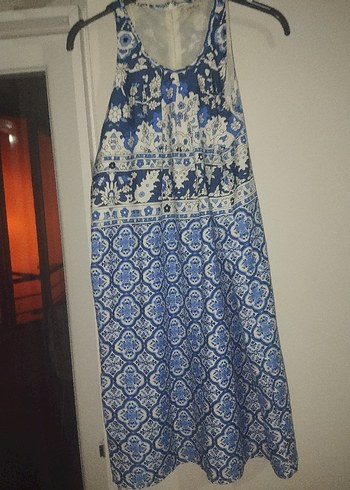 Bohem Tarz Mavi Desenli Midi boy saten Elbise - Görsel 2