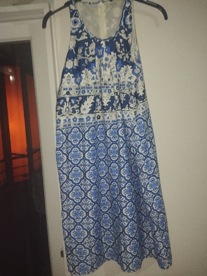 Bohem Tarz Mavi Desenli Midi boy saten Elbise - Görsel 2