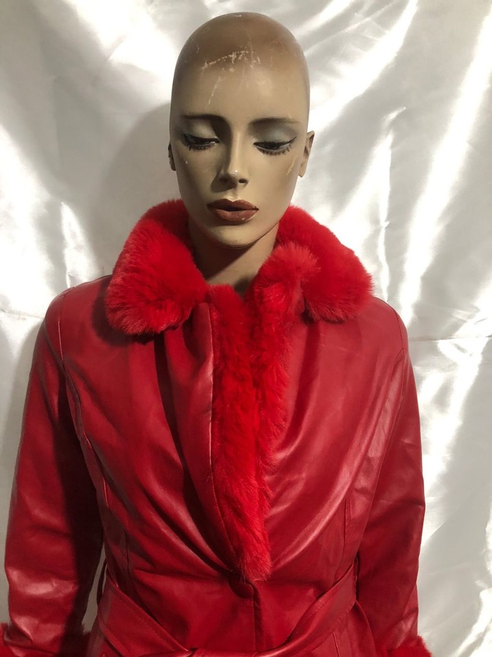 Kürk Detaylı Kırmızı Deri Kadın Kaban/Trenç - Görsel 2