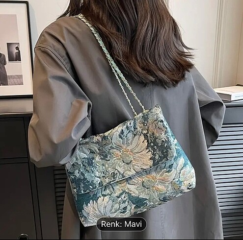 Mango Mavi çiçek desenli çanta