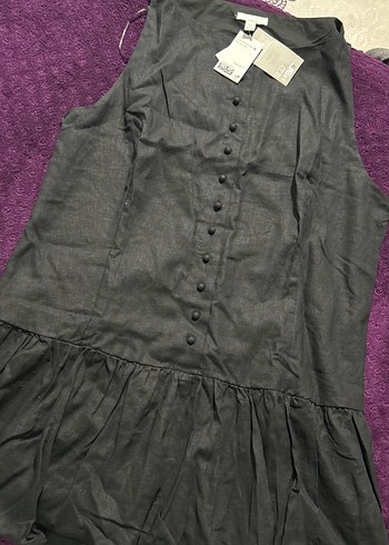 Siyah Keten Karışımlı Mini Elbise - Görsel 3