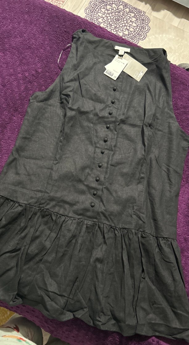 Siyah Keten Karışımlı Mini Elbise - Görsel 3