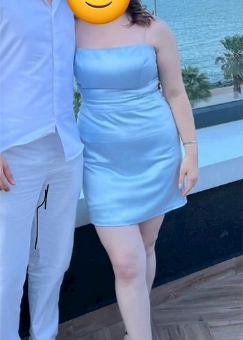 Mavi Taşlı Askılı Mini Koton Elbise - Görsel 2