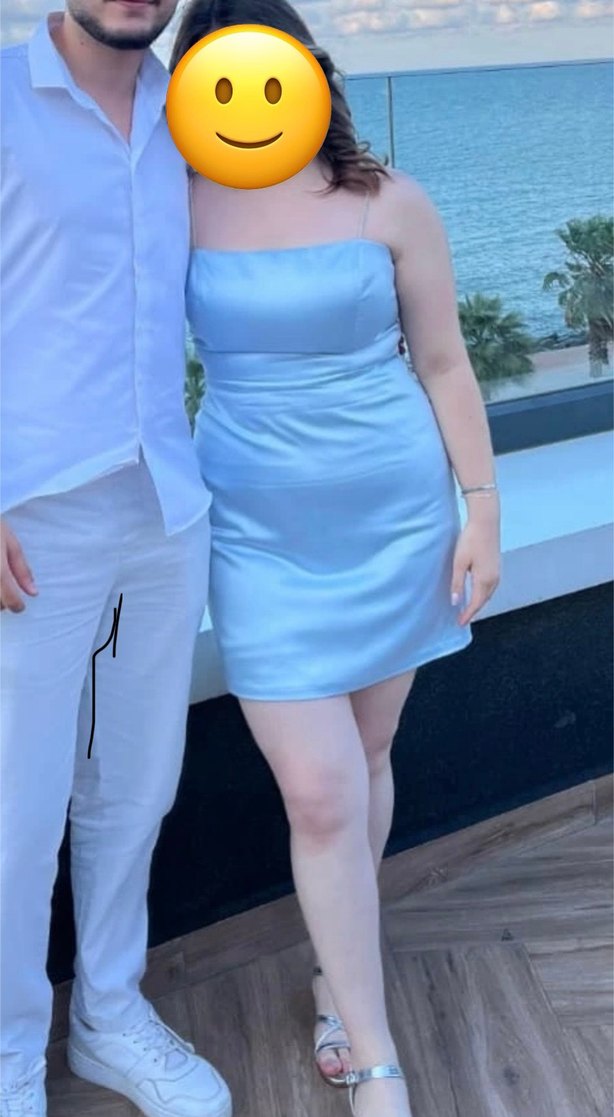 Mavi Taşlı Askılı Mini Koton Elbise - Görsel 2