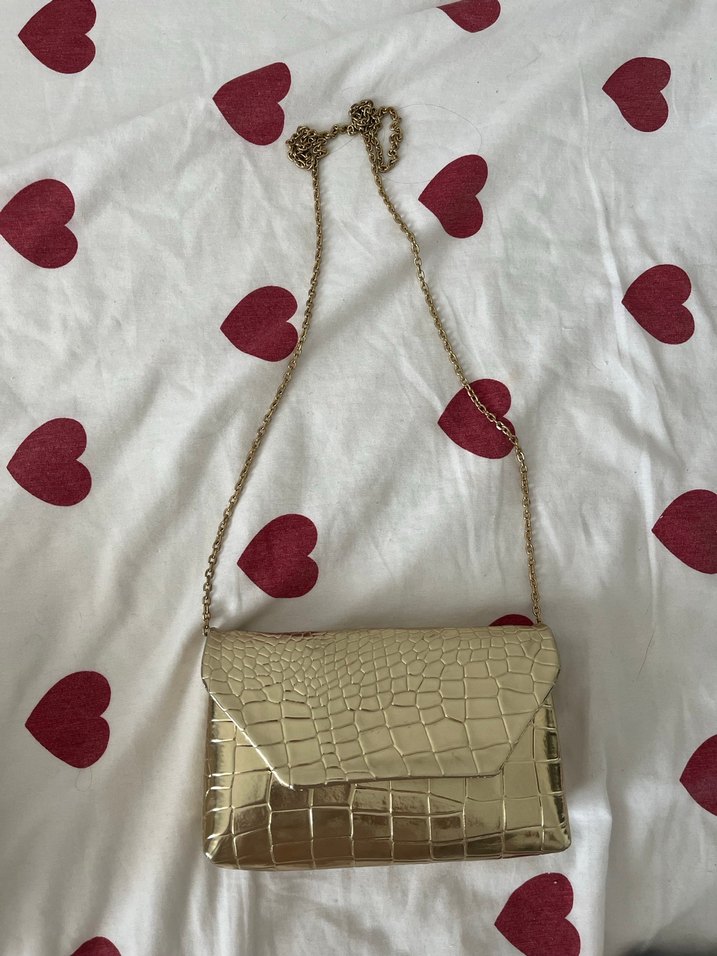 Altın Renk Zincir Detaylı Deri Yılan Desenli Çanta - Görsel 2