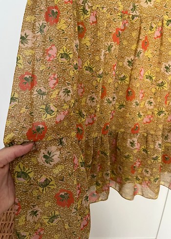 38 Beden sarı Renk Sarı Çiçek Desenli Midi Bohem Elbise