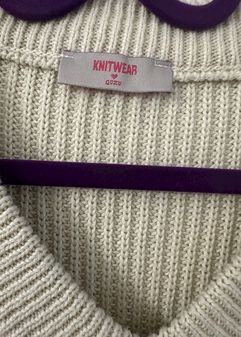 V Yaka Çizgili Rahat Örgü Kadın Kazak - Görsel 2