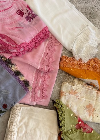 Çeyizden tülbent el Dantel Detaylı Çok Renkli Bohem Kadın Şallar - Görsel 7