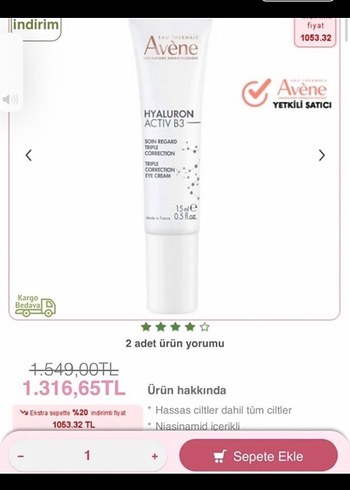 Avene Hyaluron Activ B3 Göz Kremi 15 ml - Görsel 2