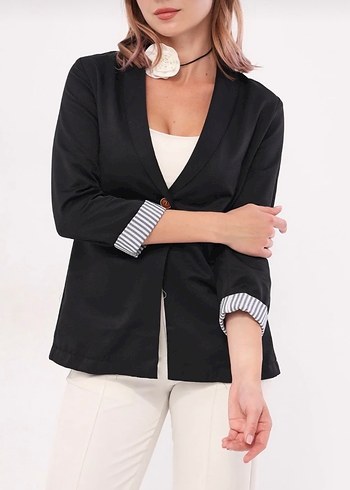Düğmeli, Normal Boy Siyah Kadın Blazer - Görsel 2
