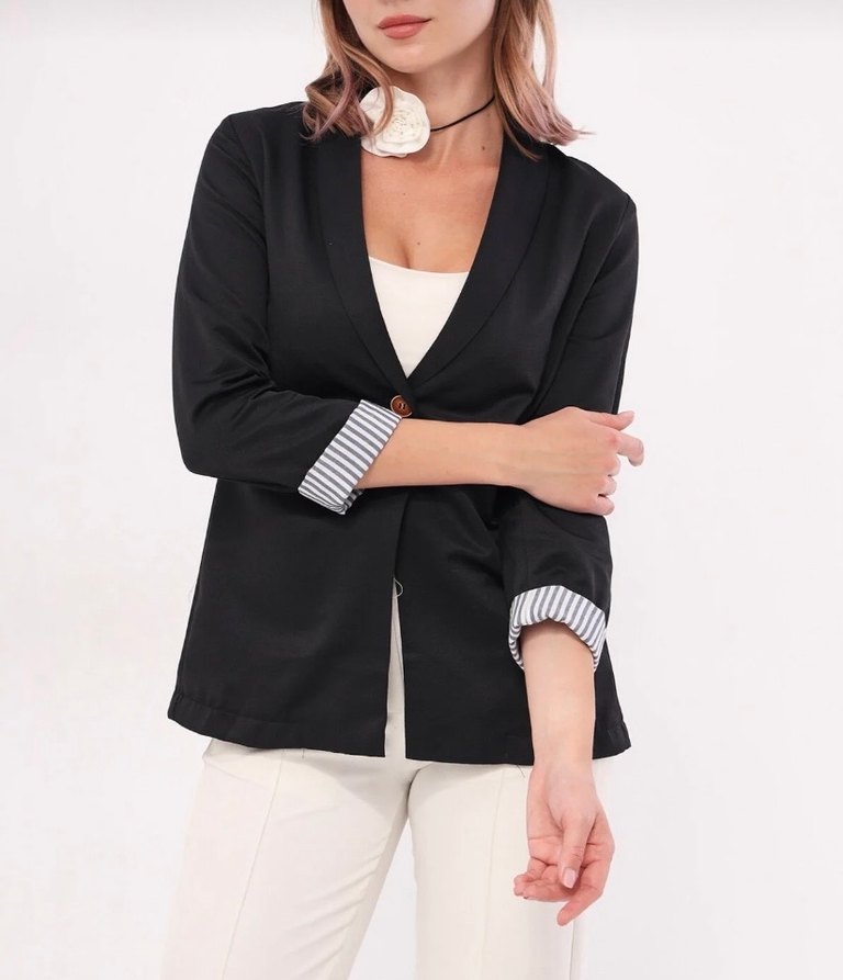 Düğmeli, Normal Boy Siyah Kadın Blazer - Görsel 2