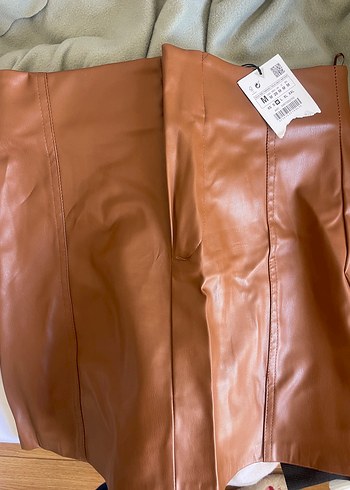 Deri Parlak Kahverengi Mini etek zara