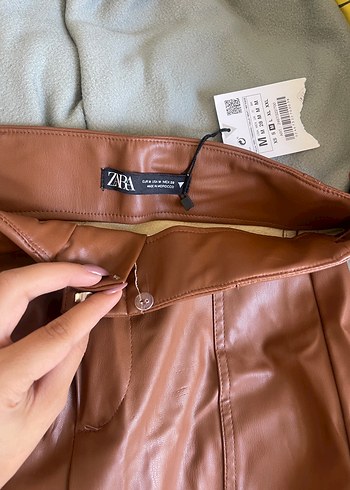 Zara Deri Parlak Kahverengi Mini etek zara