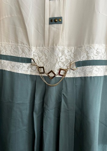 44 Beden turkuaz Renk Uzun Kol Detaylı Vintage Elbise