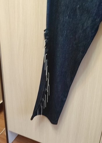 13-14 Yaş Beden siyah Renk kız çocuk Siyah Batik Desenli Yırtmaçlı Denim Pantolon