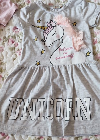 Kız Çocuk Payetli Unicorn Baskılı Elbise - Görsel 6