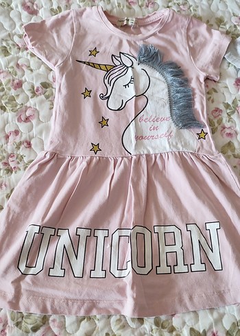 Kız Çocuk Payetli Unicorn Baskılı Elbise - Görsel 8