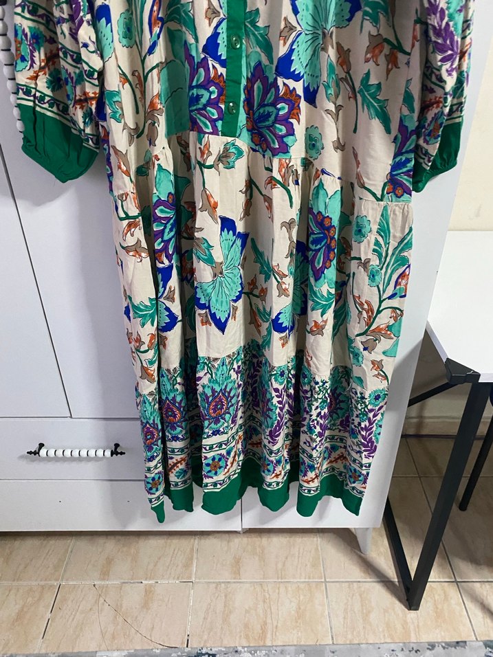 Bohem Çok Renkli Uzun V Yakalı Elbise - Görsel 4