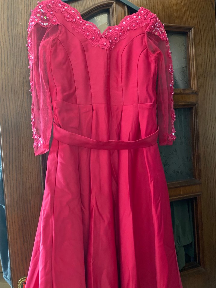 Pembe Uzun Kollu V Yaka İşlemeli Abiye Elbise - Görsel 2