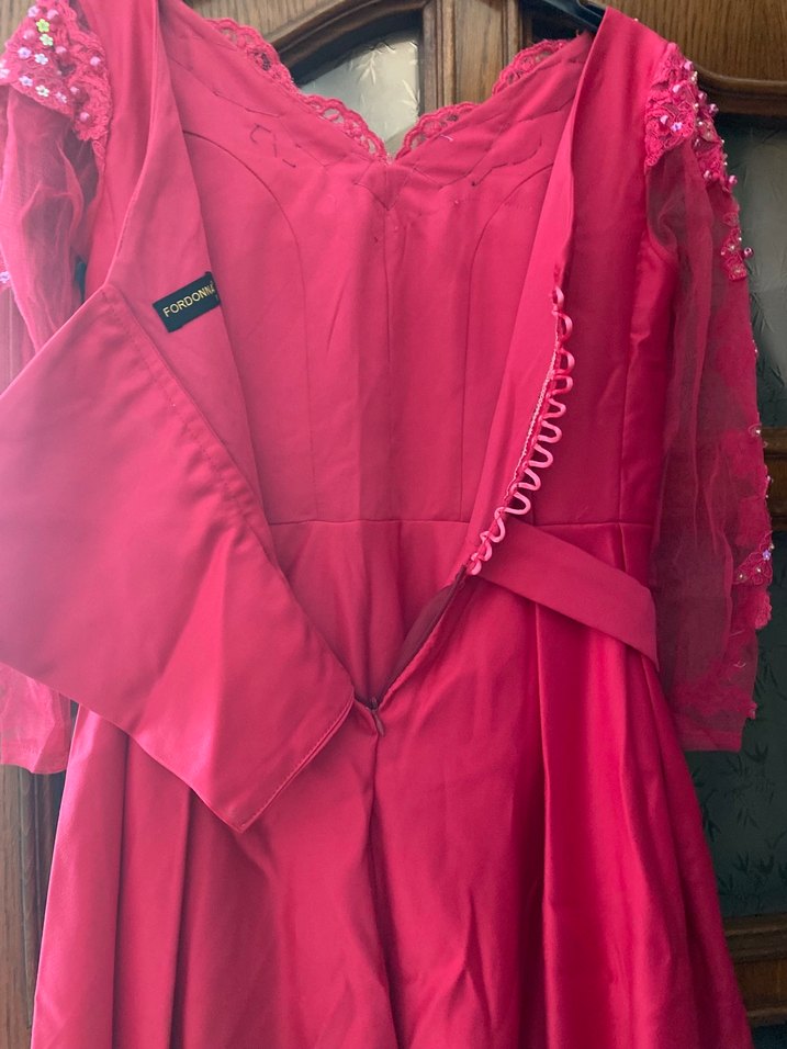 Pembe Uzun Kollu V Yaka İşlemeli Abiye Elbise - Görsel 3