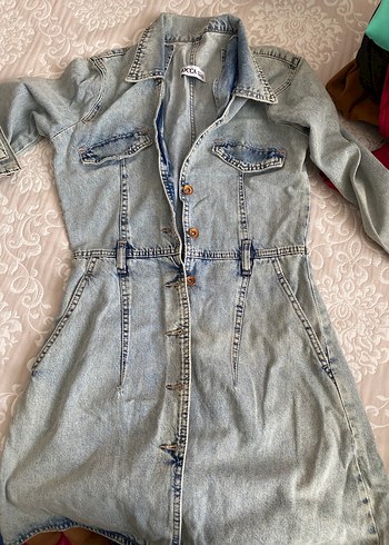 Düğmeli Gri Denim Mini Elbise