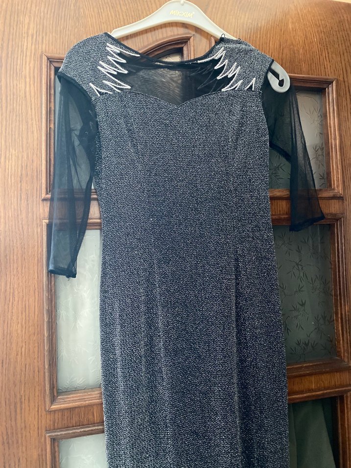 V Yaka Uzun Gri Fitted Abiye Elbise - Görsel 2