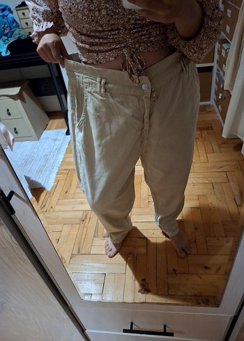 Trendyol & Milla Bej Düğmeli Kadın Boyfriend Keten Pantolon