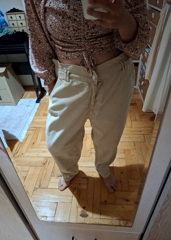 Bej Düğmeli Kadın Boyfriend Keten Pantolon