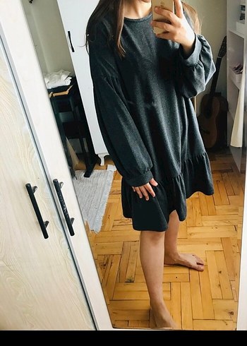 Gri Uzun Kollu Midi Rahat Elbise - Görsel 6