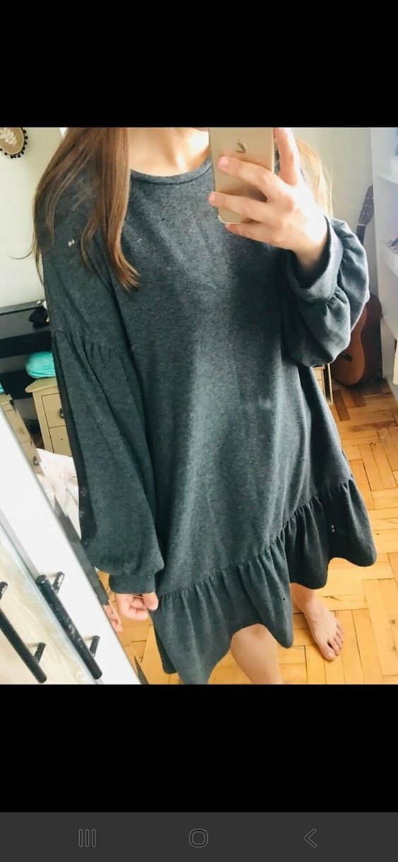 Gri Uzun Kollu Midi Rahat Elbise - Görsel 2