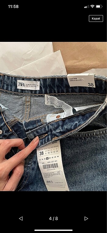 38 Beden mavi Renk Zara kot, etiketli