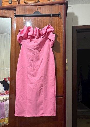 Pembe Straplez Uzun Abiye Elbise