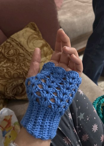 Mavi Örgü Bohem Kadın Eldiveni - Görsel 5